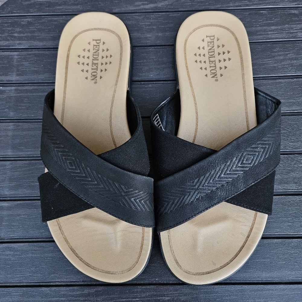 Pendleton Black Gulf Shore Sandals Leather Canvas Crossover Straps Womens 9 Shoe